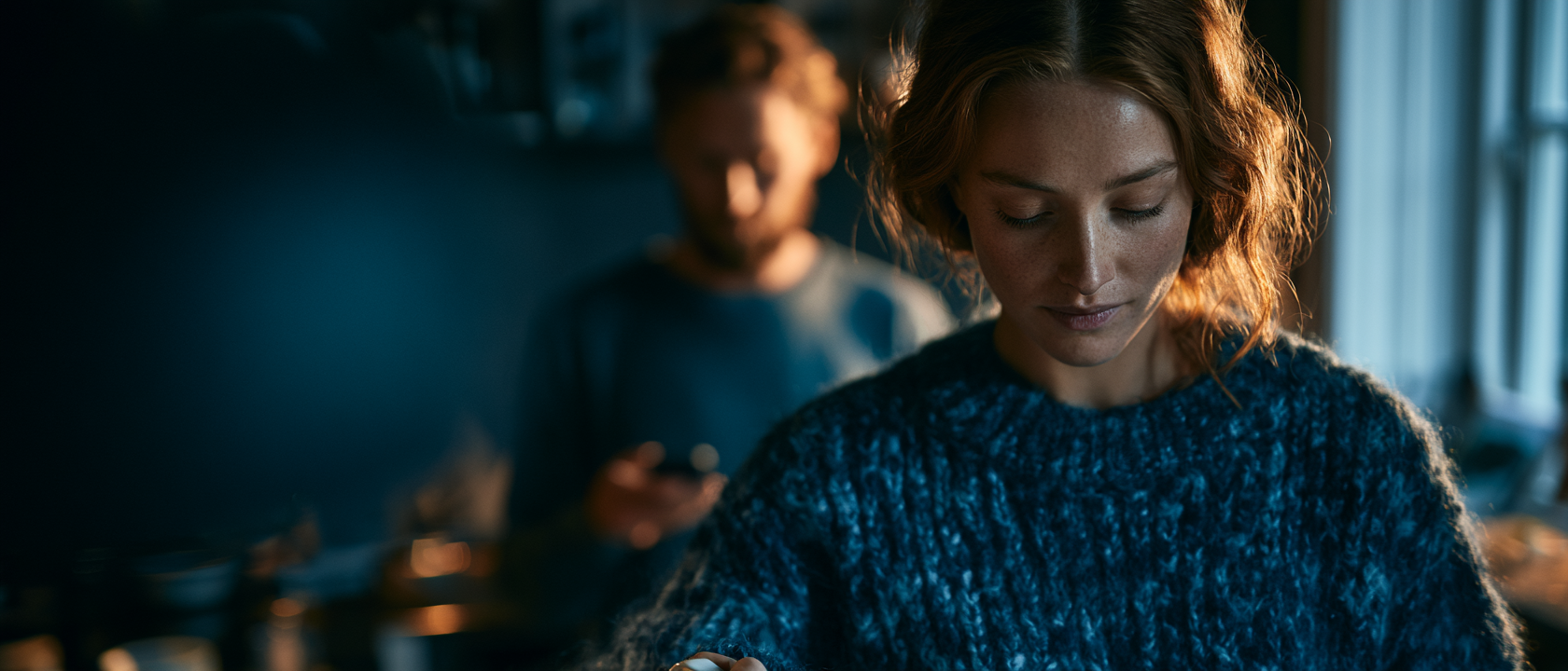 Kvinna i blå stickad tröja i ett mörkt kök, ansikte vänt nedåt mot något hon håller i händerna.